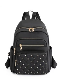 幾何格紋絎縫拉鍊背包錢包，大容量鉚釘裝飾書包，休閒筆記本電腦包 - 黑色 - 查看 1