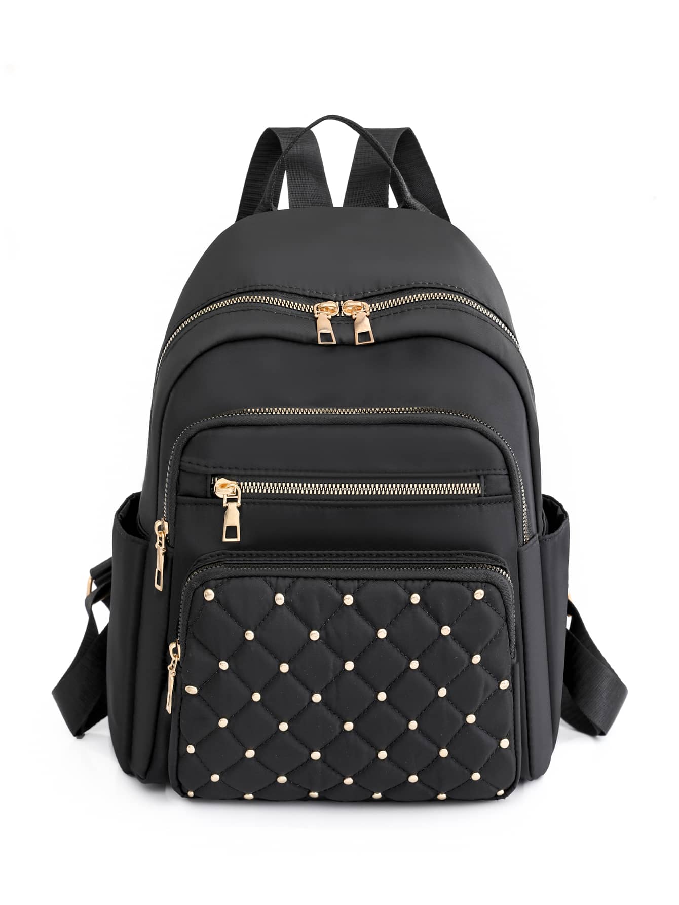 幾何格紋絎縫拉鍊背包錢包，大容量鉚釘裝飾書包，休閒筆記本電腦包 - 黑色 - 查看 1