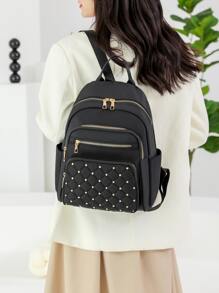 幾何格紋絎縫拉鍊背包錢包，大容量鉚釘裝飾書包，休閒筆記本電腦包 - 黑色 - 查看 2