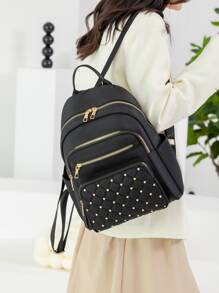 幾何格紋絎縫拉鍊背包錢包，大容量鉚釘裝飾書包，休閒筆記本電腦包 - 黑色 - 查看 3