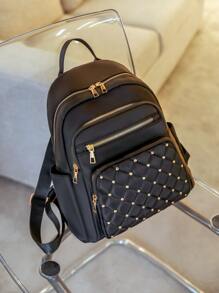 幾何格紋絎縫拉鍊背包錢包，大容量鉚釘裝飾書包，休閒筆記本電腦包 - 黑色 - 查看 4