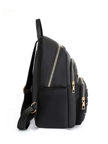 幾何格紋絎縫拉鍊背包錢包，大容量鉚釘裝飾書包，休閒筆記本電腦包 - 黑色 - 查看 5