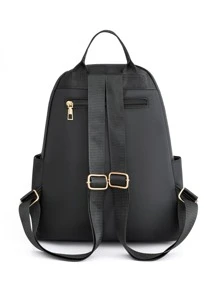 幾何格紋絎縫拉鍊背包錢包，大容量鉚釘裝飾書包，休閒筆記本電腦包 - 黑色 - 查看 6