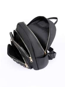 幾何格紋絎縫拉鍊背包錢包，大容量鉚釘裝飾書包，休閒筆記本電腦包 - 黑色 - 查看 7