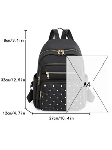 幾何格紋絎縫拉鍊背包錢包，大容量鉚釘裝飾書包，休閒筆記本電腦包 - 黑色 - 查看 8