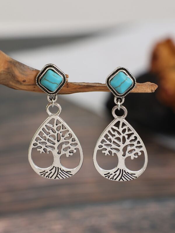 Cercei cu pandantiv cu decor turcoaz și copac