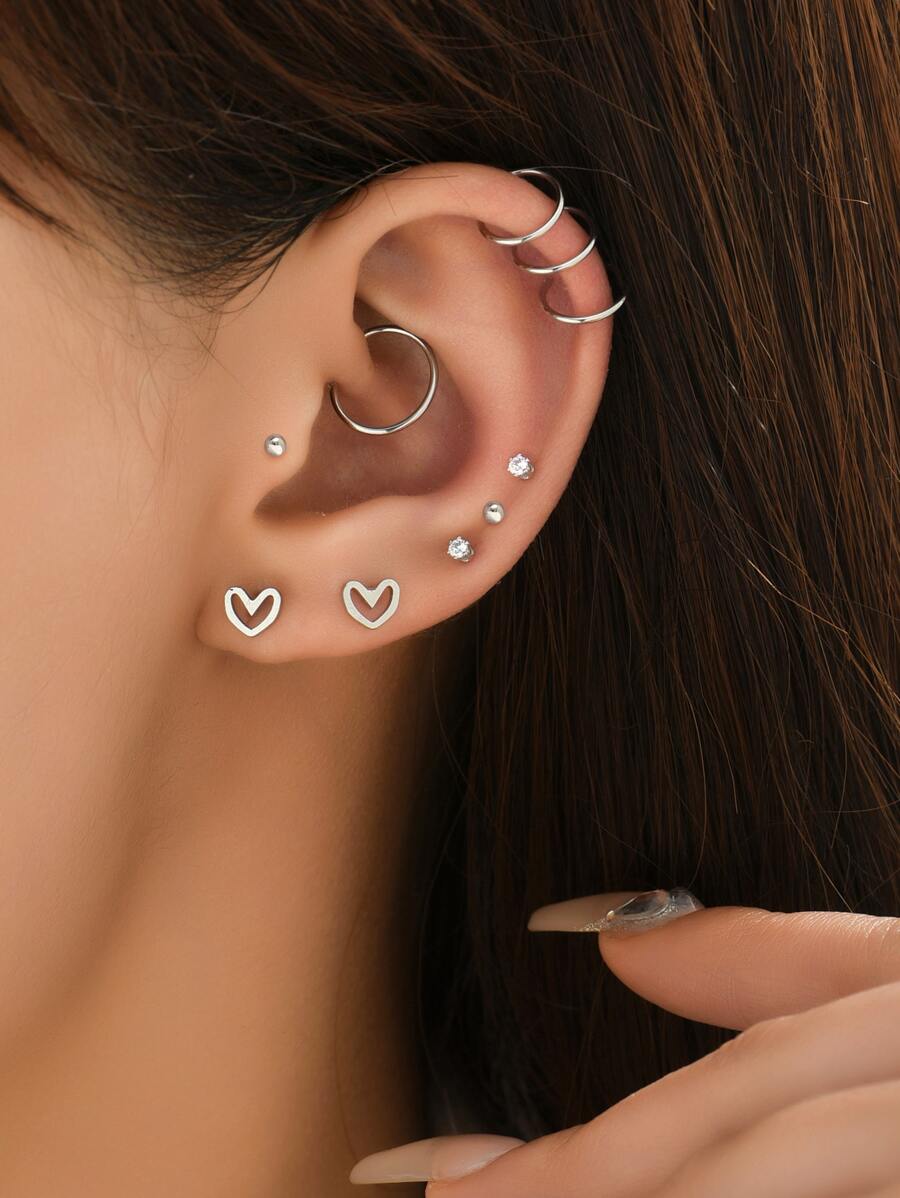5對/套方晶鋯石和愛心裝飾耳環 - 銀色 - 查看 1