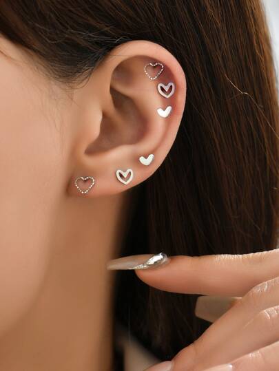 6pcs/set Hollow Out Heart Shaped Earrings Suitable For Women's Daily Wear, Party, Festival And Dating