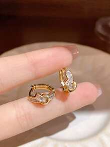 方晶鋯石結飾圓耳環 - 金黃色 - 查看 1