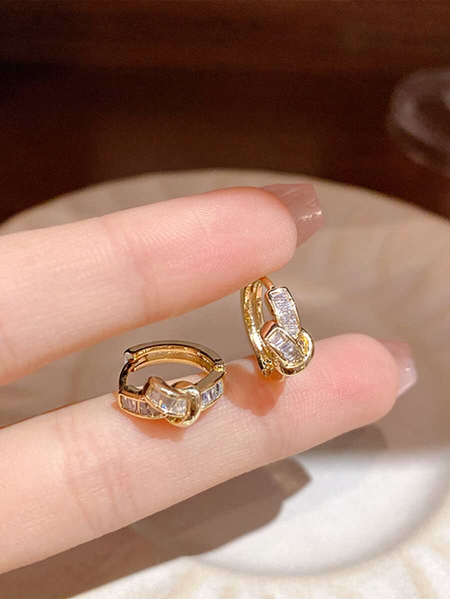 方晶鋯石結飾圓耳環 - 金黃色 - 查看 1