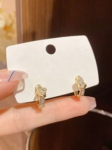 方晶鋯石結飾圓耳環 - 金黃色 - 查看 2