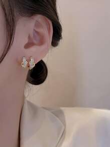 方晶鋯石結飾圓耳環 - 金黃色 - 查看 3