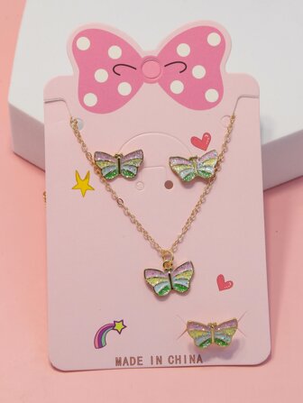 女孩蝴蝶裝飾耳環和項鏈和戒指