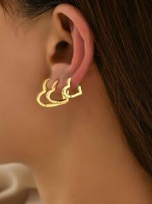 3pcs/set Heart Design Hoop Earrings - Yellow Gold - View 1