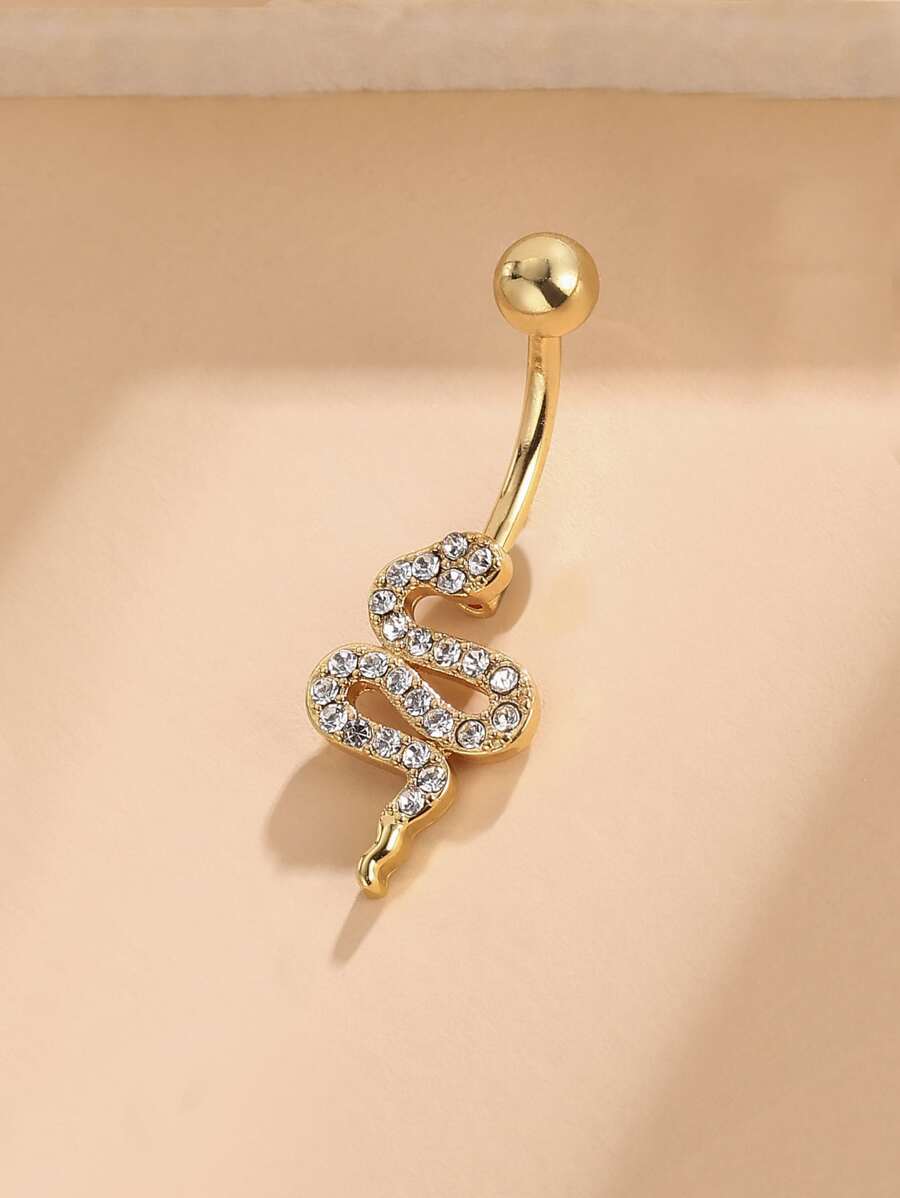 Stainless Steel Cubic Zirconia Snake Decor Navel Belly Ring For Women & Girls - Yellow Gold - View 1