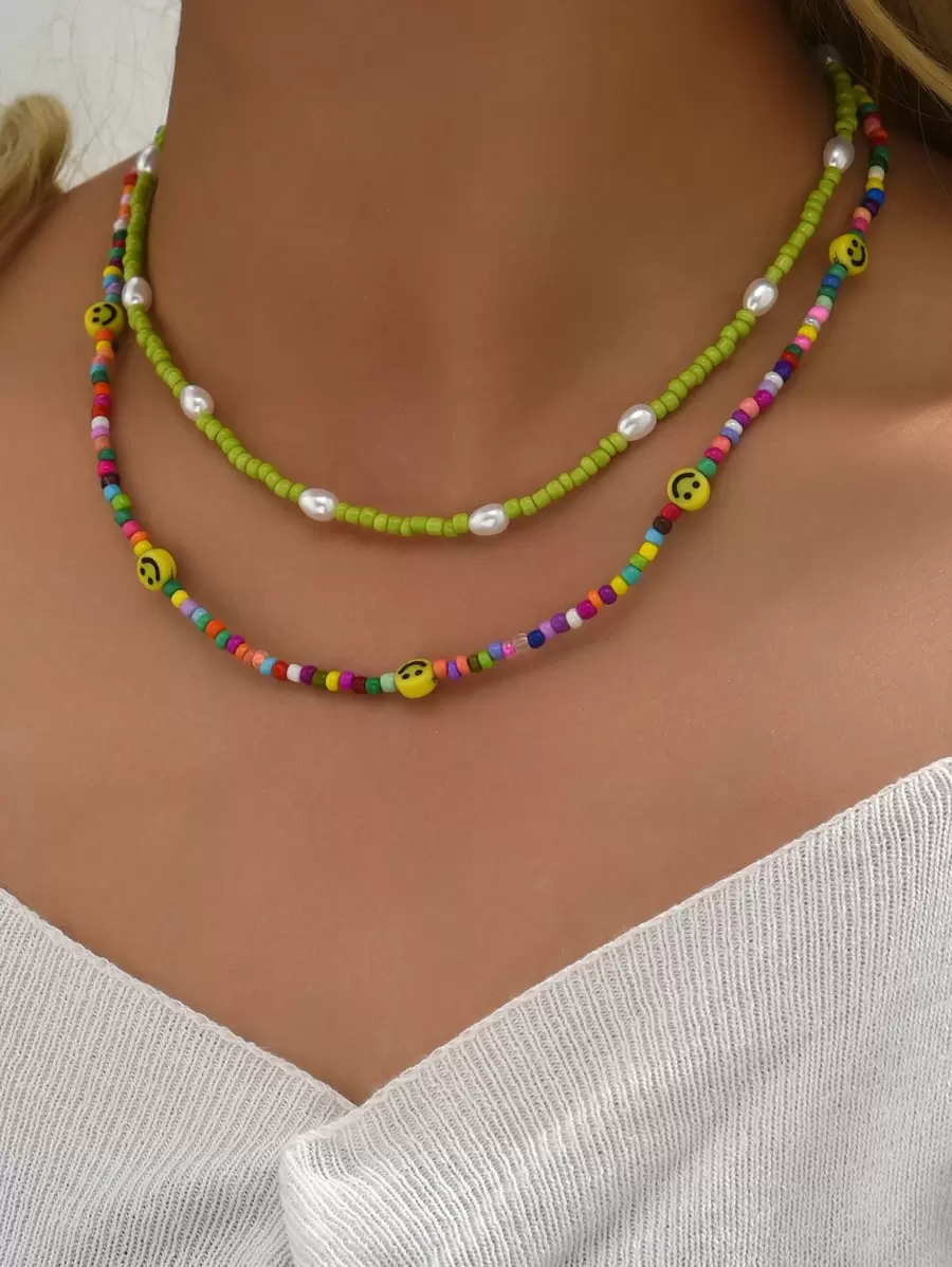 2入組花朵裝飾串珠項鏈 - 彩色 - 查看 1