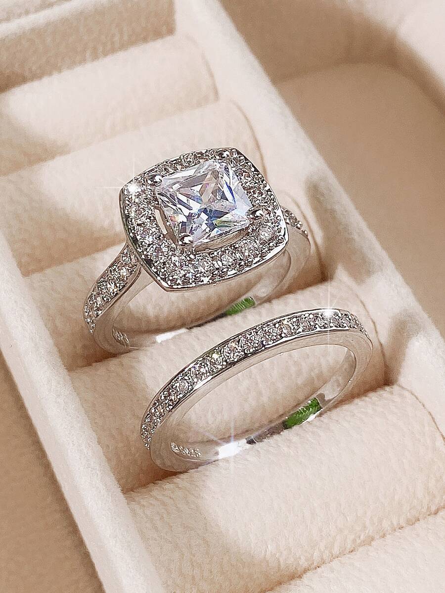 2入組/套時尚方晶鋯石戒指套裝適合女士適合婚禮首飾類情人節禮品