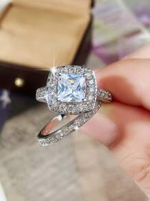 2入組/套時尚方晶鋯石戒指套裝適合女士適合婚禮首飾類情人節禮品 - 銀色 - 查看 3