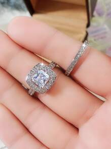 2入組/套時尚方晶鋯石戒指套裝適合女士適合婚禮首飾類情人節禮品 - 銀色 - 查看 5