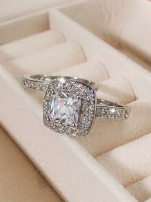 2入組/套時尚方晶鋯石戒指套裝適合女士適合婚禮首飾類情人節禮品 - 銀色 - 查看 6