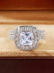 2入組/套時尚方晶鋯石戒指套裝適合女士適合婚禮首飾類情人節禮品 - 銀色 - 查看 7