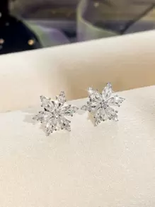 Cubic Zirconia Flower Design Stud Earrings Valentines - Silver - View 3