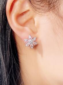 Cubic Zirconia Flower Design Stud Earrings Valentines - Silver - View 4