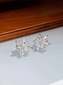 Cubic Zirconia Flower Design Stud Earrings Valentines - Silver - View 6