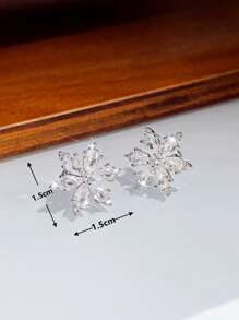 Cubic Zirconia Flower Design Stud Earrings Valentines - Silver - View 9