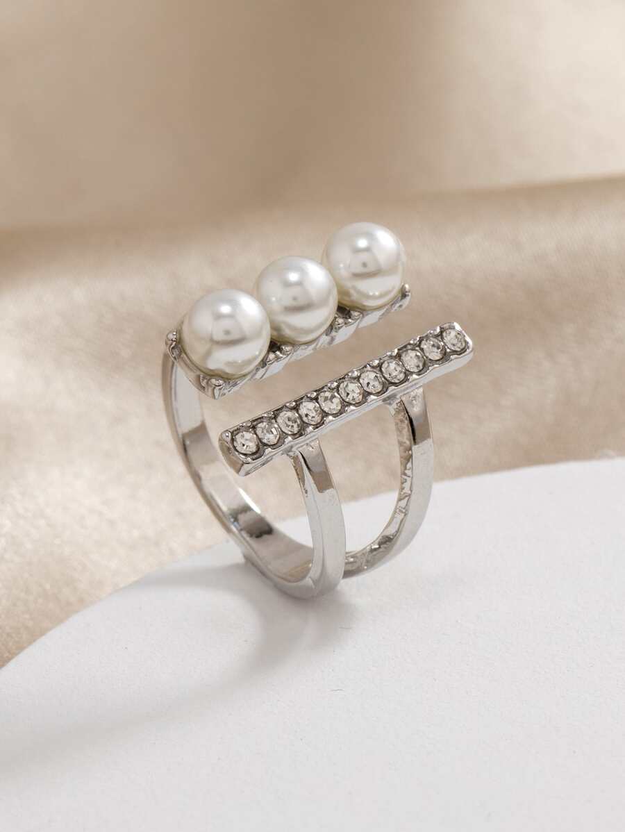 水鑽和人造珍珠裝飾開口戒指 - 銀色 - 查看 1