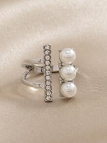 水鑽和人造珍珠裝飾開口戒指 - 銀色 - 查看 2