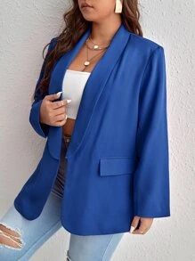SHEIN Essnce Plus Shawl Collar Open Front Blazer - Royal Blue - View 3