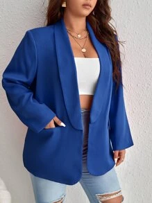 SHEIN Essnce Plus Shawl Collar Open Front Blazer - Royal Blue - View 4