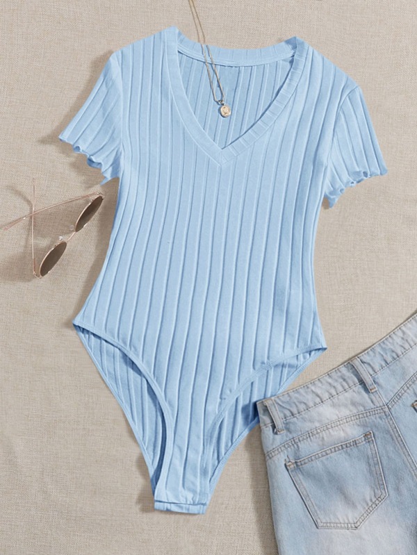 SHEIN EZwear Plus Ribbed Knit Lettuce Trim Bodysuit