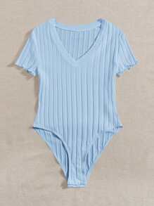 SHEIN EZwear Plus Ribbed Knit Lettuce Trim Bodysuit - Baby Blue - View 4