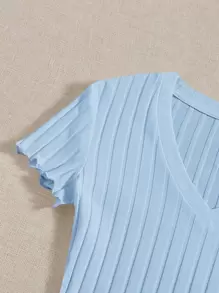 SHEIN EZwear Plus Ribbed Knit Lettuce Trim Bodysuit - Baby Blue - View 5