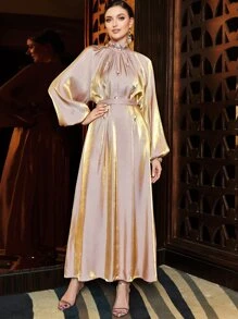 Layrah Rhinestone Detail Mock Neck Bishop Sleeve Belted Kaftan, Modest Long Sleeve Arabian Dress - Dusty Pink - View 1