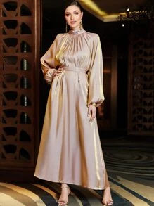 Layrah Rhinestone Detail Mock Neck Bishop Sleeve Belted Kaftan, Modest Long Sleeve Arabian Dress - Dusty Pink - View 3