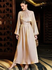 Layrah Rhinestone Detail Mock Neck Bishop Sleeve Belted Kaftan, Modest Long Sleeve Arabian Dress - Dusty Pink - View 4