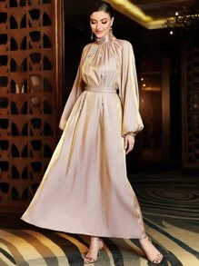 Layrah Rhinestone Detail Mock Neck Bishop Sleeve Belted Kaftan, Modest Long Sleeve Arabian Dress - Dusty Pink - View 5