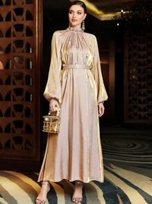 Layrah Rhinestone Detail Mock Neck Bishop Sleeve Belted Kaftan, Modest Long Sleeve Arabian Dress - Dusty Pink - View 6