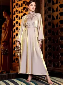 Layrah Rhinestone Detail Mock Neck Bishop Sleeve Belted Kaftan, Modest Long Sleeve Arabian Dress - Dusty Pink - View 8