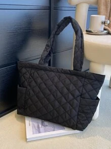 時尚尼龍素色絎縫線夾克托特包帶雙口袋設計和絲絨內組合包適合女士 - 黑色 - 查看 7