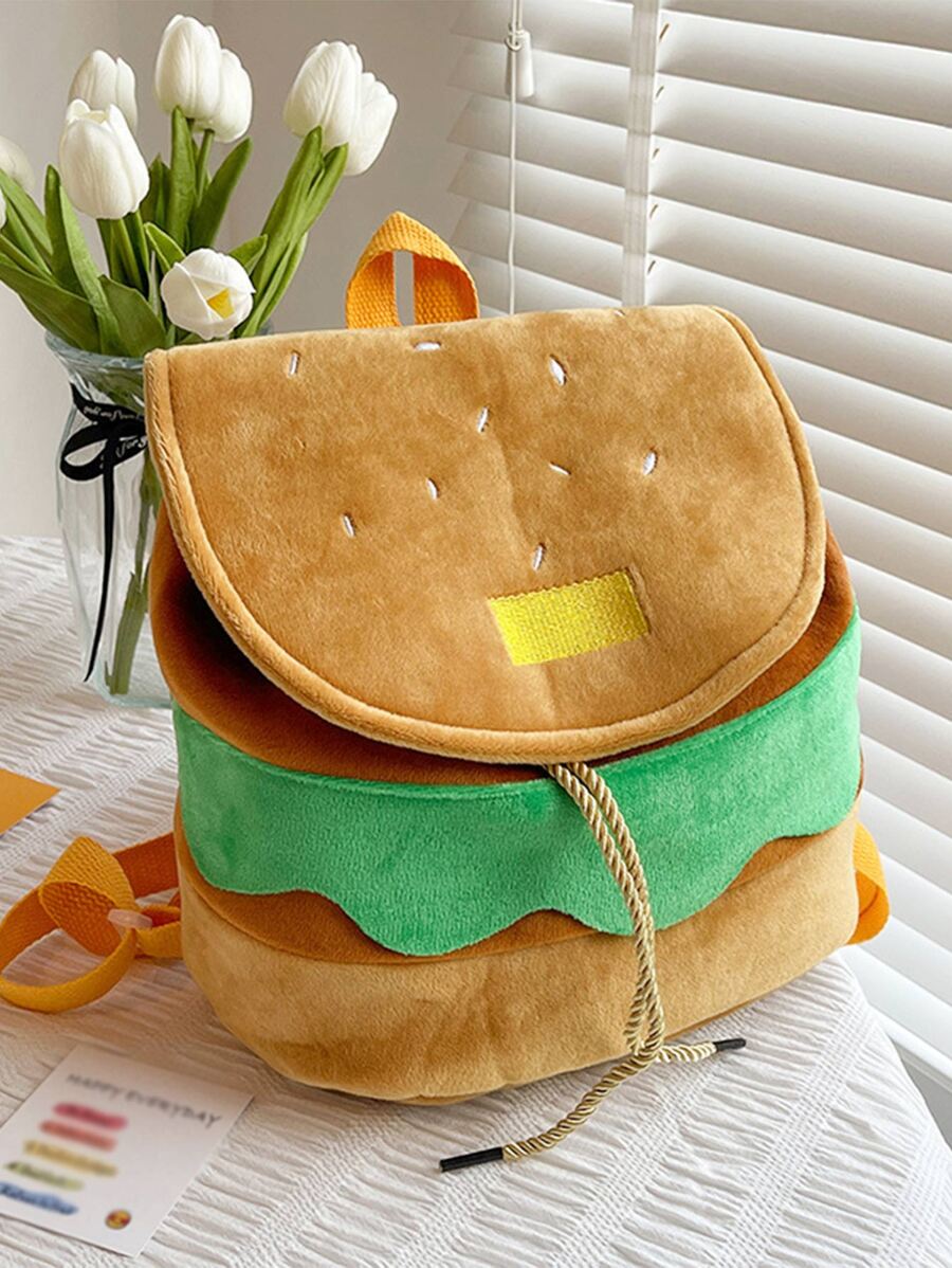 漢堡設計背包錢包，可愛的正面翻蓋抽繩書包，卡通背包和包 - 彩色 - 查看 1