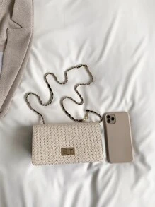 迷你扭鎖翻蓋鏈條草編包 - 黑色 - 查看 3