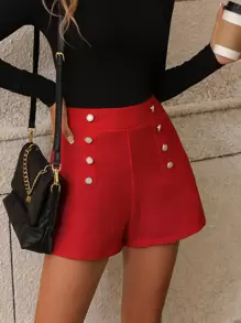 SHEIN Frenchy High Waist Button Front Tweed Shorts Summer Christmas New Year Red - Red - View 3