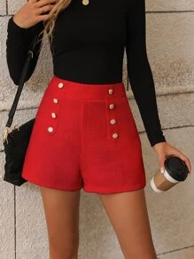 SHEIN Frenchy High Waist Button Front Tweed Shorts Summer Christmas New Year Red - Red - View 4