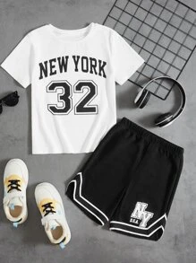 SHEIN Tween Boy Letter Graphic Tee & Contrast Tape Shorts - Black - View 1
