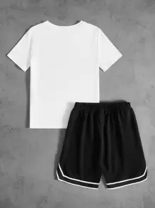 SHEIN Tween Boy Letter Graphic Tee & Contrast Tape Shorts - Black - View 2