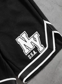 SHEIN Tween Boy Letter Graphic Tee & Contrast Tape Shorts - Black - View 3